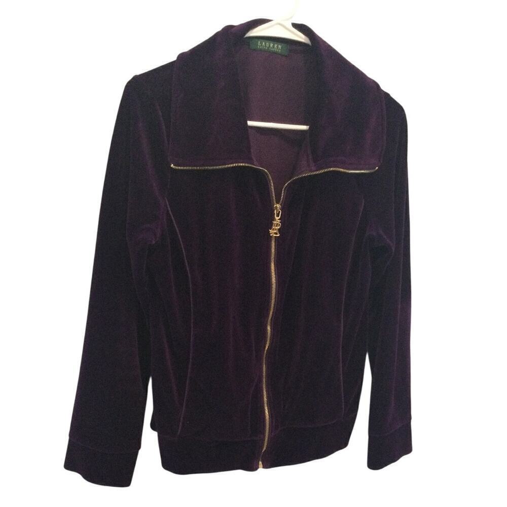 Lauren Ralph Lauren Womens Velour Zip Up Jacket Size M Purple Crest Logo Leisure